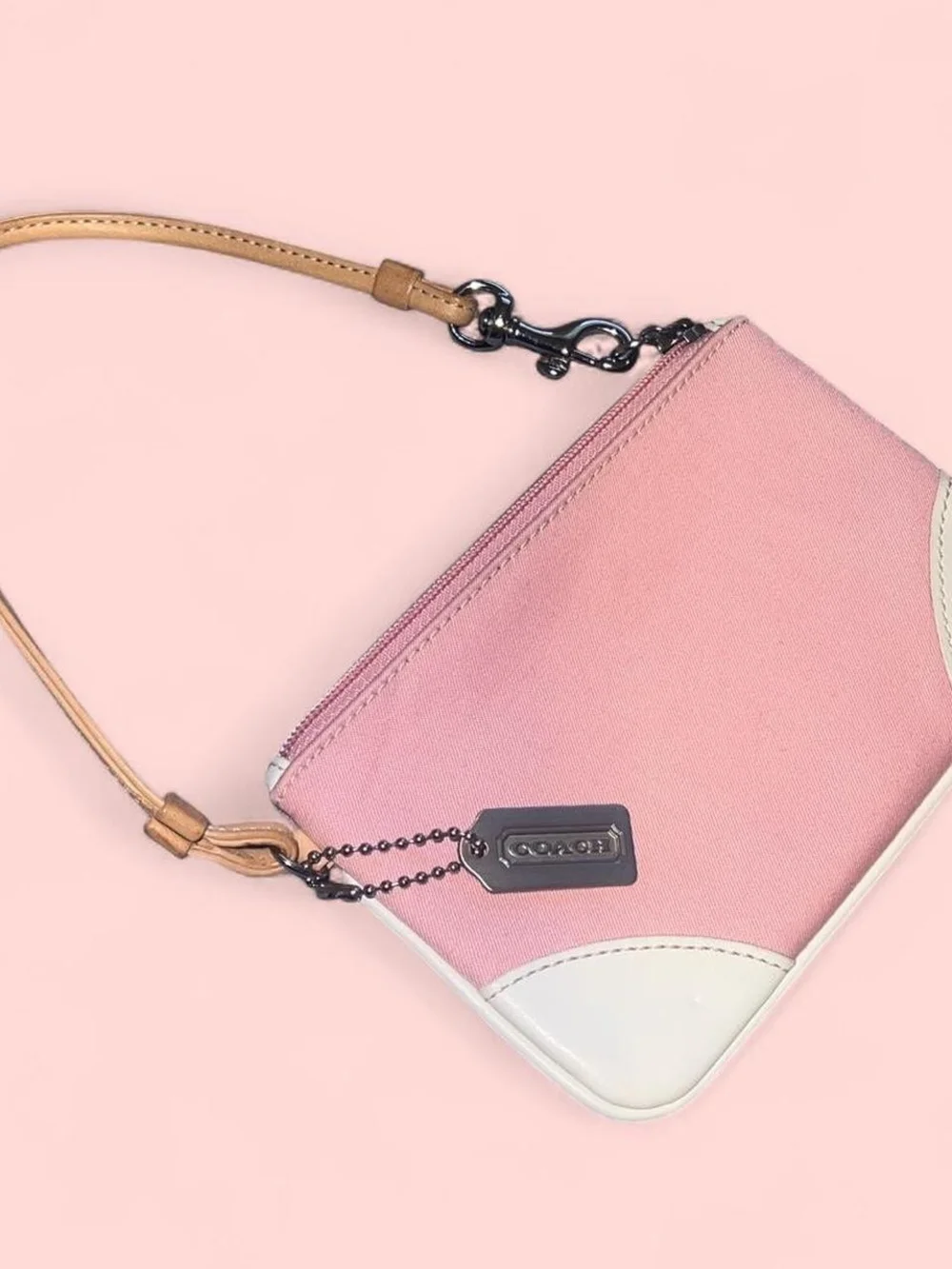 Vintiage Y2k Coach Pink Canvas Wristlet with Cream Trim and Tan Strap